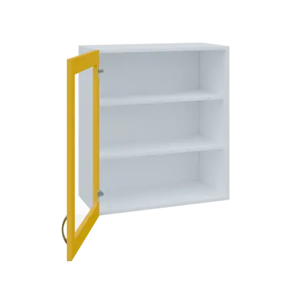 MH - 65S horní skříňka boxová, 1-dveřová, prosklená, levá, 770x654x440, korpus bílý, dvířko žlutá od